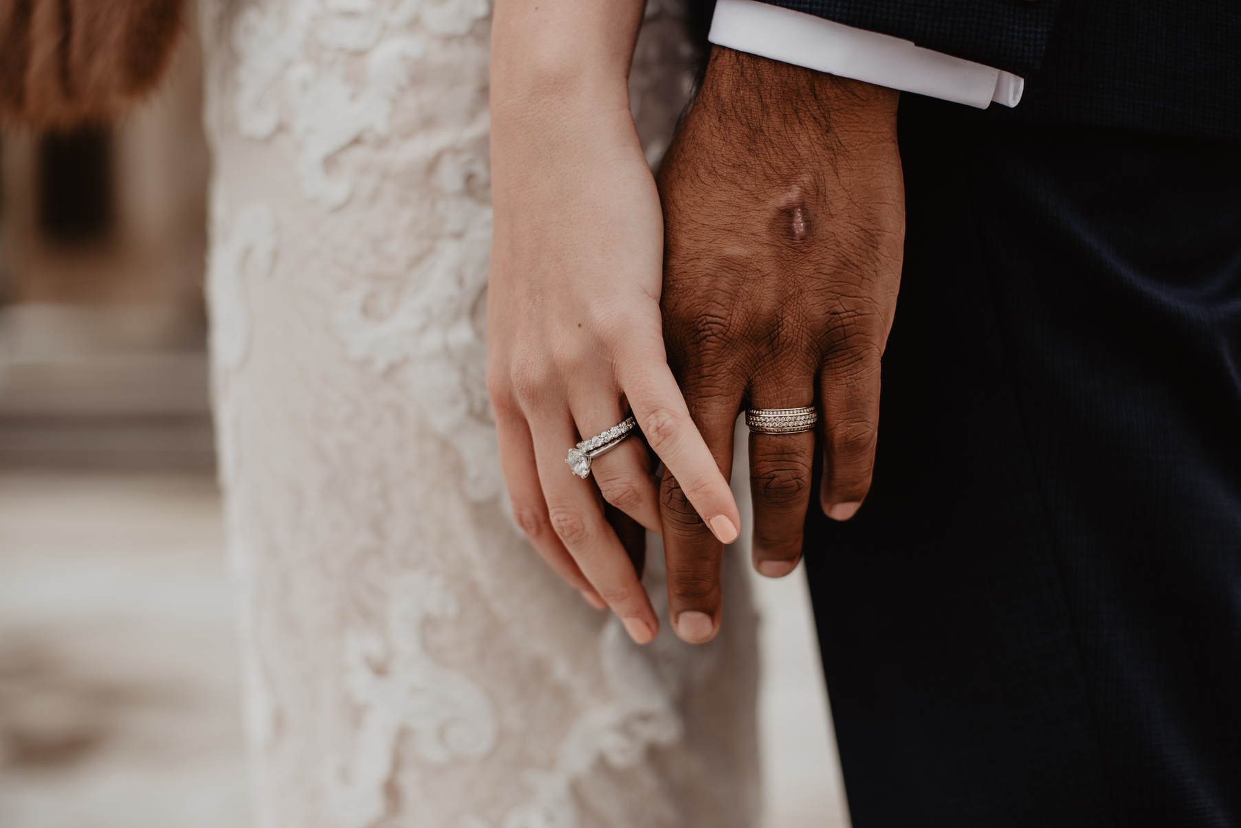 wedding rings on the hands of a bride and groom